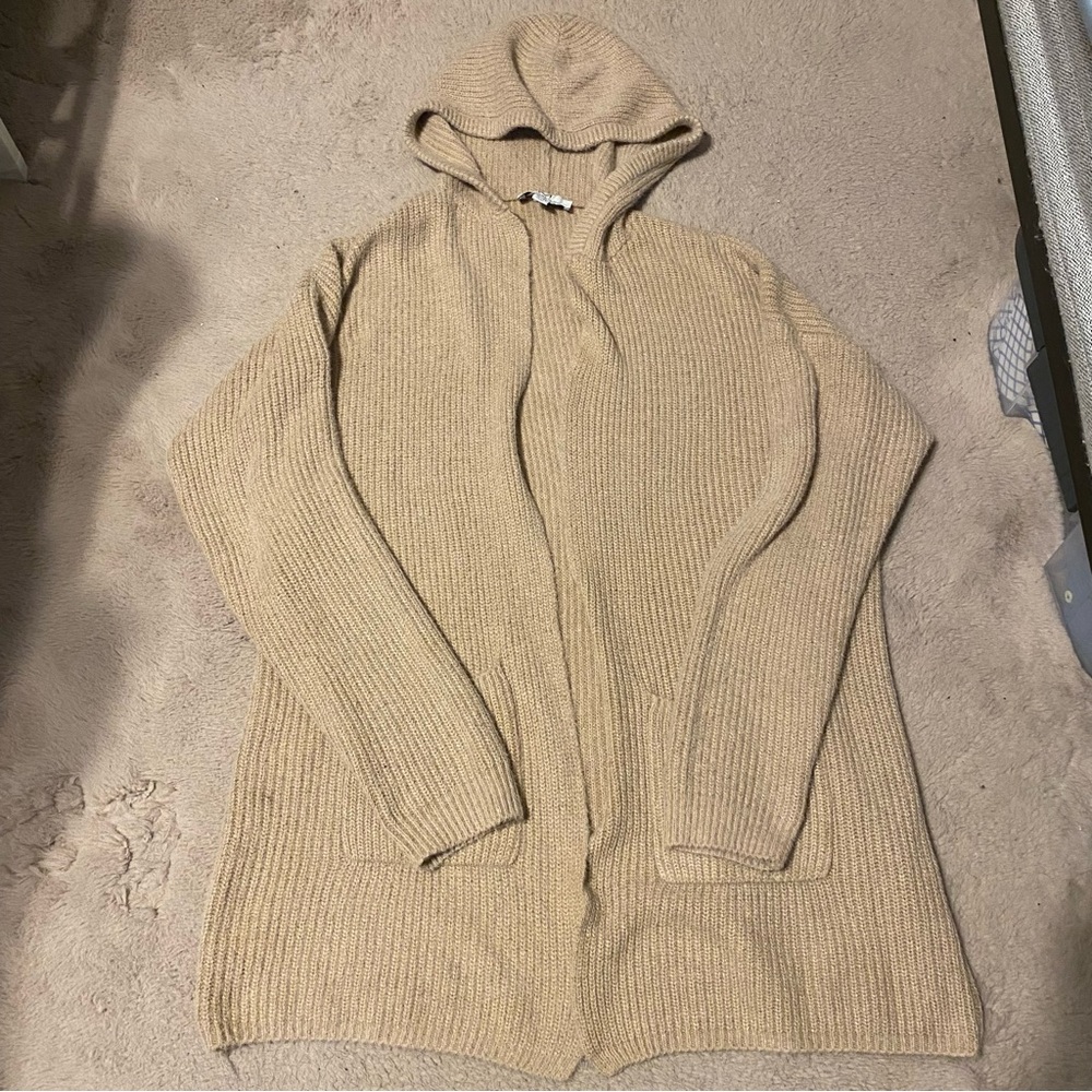Magaschoni Womens Sweater Duster Tan Open Front Hooded Cardigan Pockets Size XL